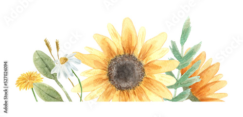 Hand drawn watercolor sunflower flower. Hand painted illustration isolated on white background. Summer sunflowers design logo, wedding decor, floral decoration, textile, tattoo, icon, card, fabric. © Anastasia