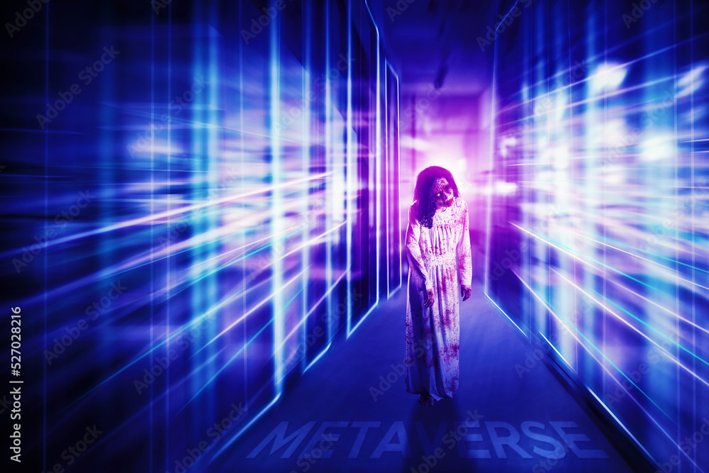 Creepy female ghost standing with metaverse word Creepy female ghost standing with metaverse word
