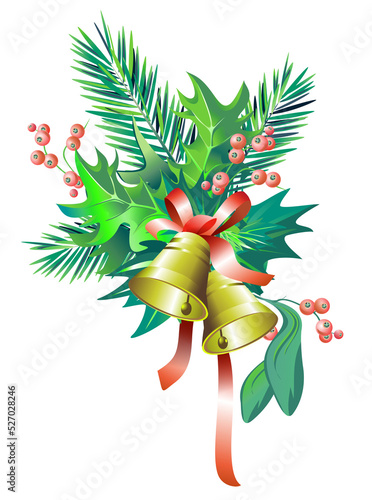 Christmas Floral Ornament with Bells PNG Transparent Background Illustration. Holidays Object. photo