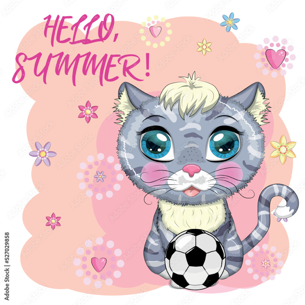 Cartoon Cat With A Soccer Ball Summer Vacation Cute Child Character Symbol Of 2023 New 