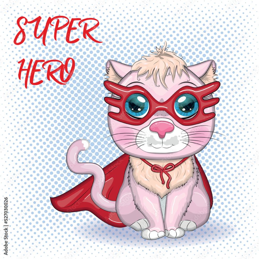 Cartoon cat superhero in a red cloak and mask. Cute child character, symbol of 2023 new chinese year Cartoon cat superhero in a red cloak and mask. Cute child character, symbol of 2023 new chinese year