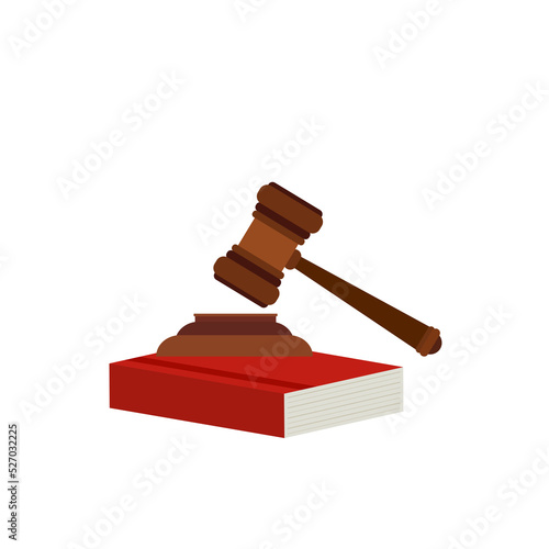 Justice scale, judge's hammer, law book, concept of court judgment to demand justice and punishment.