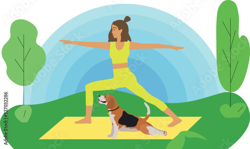 A young cute girl with a dog is doing yoga in the park. Happy pet owner. Flat vector illustration. Charming beagle. Active recreation concept. Dog is man's best friend. outdoor sports