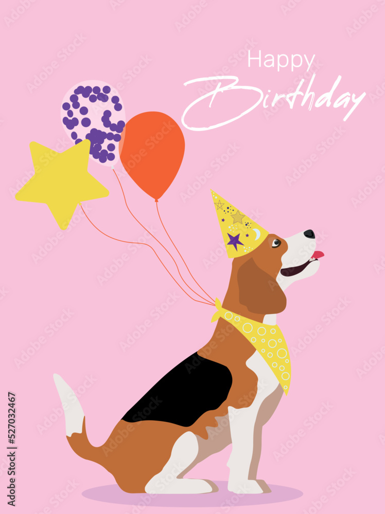 Stylish happy birthday cards with funny beagle. Inflatable balls, on a pink background. Vector greeting card with cute animals. Baby print with puppy: Puppy party.
Stylish happy birthday cards with funny beagle. Inflatable balls, on a pink background. Vector greeting card with cute animals. Baby print with puppy: Puppy party.
