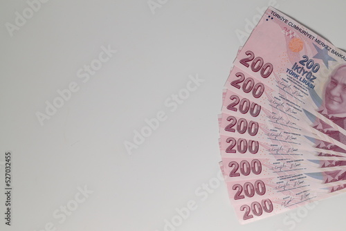 Fototapeta Naklejka Na Ścianę i Meble -  Turkish Lira banknotes of various color, pattern and value on white background