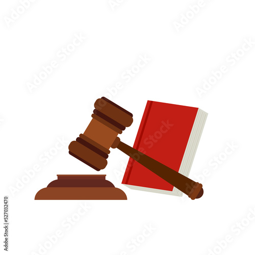 Justice scale, judge's hammer, law book, concept of court judgment to demand justice and punishment.