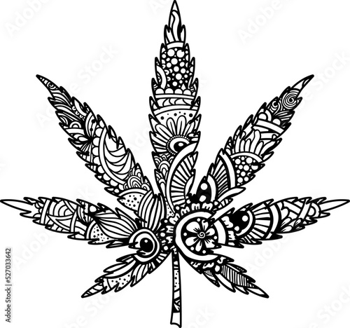Zentangle zenart leaf cannabis marijuana. Vector template illustration for printing on postcards, t-shirts, bags, cups, clothing, Wallpaper, posters, coloring books and interior paintings.
