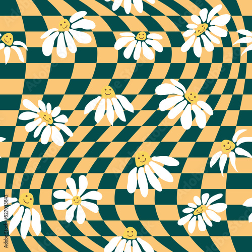Retro Smile Chamomile Seamless Pattern on 1970 Wavy Swirl Seamless Pattern. Hippie Aesthetic.