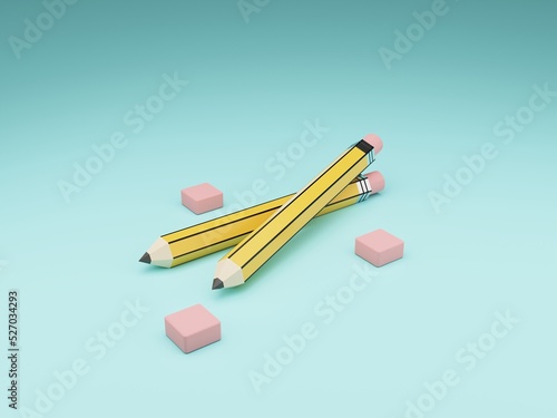 Yellow and black color pencil and pink eraser with a minimal background 3d