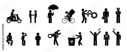 stick figure man, icons set, people in different situations