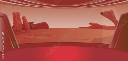 Interior of a spacecraft on Mars. Spacecraft interior vector background. View of the Martian surface in the window of the spaceship.