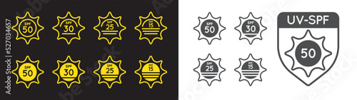 Set of Sun Protection UV Index, SPF 50, SPF 30, 25, 15 Vector Icons Collection.