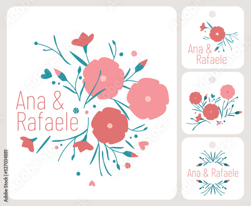 Faire-part de mariage, mock up invitation, composition fleurs champêtres, carterie, papier imprimé, motif, fleuriste, rose, bleu, étiquettes, stickers, porte nom, autocollant, Saint-Valentin, décor