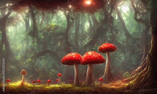 Fotografia Magic mushrooms fly agaric in the forest, a fabulous thicket of the forest