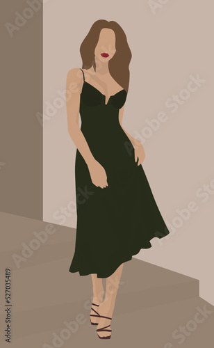 Vector flat image of a young girl with long hair in a dress. Brown-haired woman in a green summer dress. Design for postcards, avatars, posters, backgrounds, templates, textiles, banners.