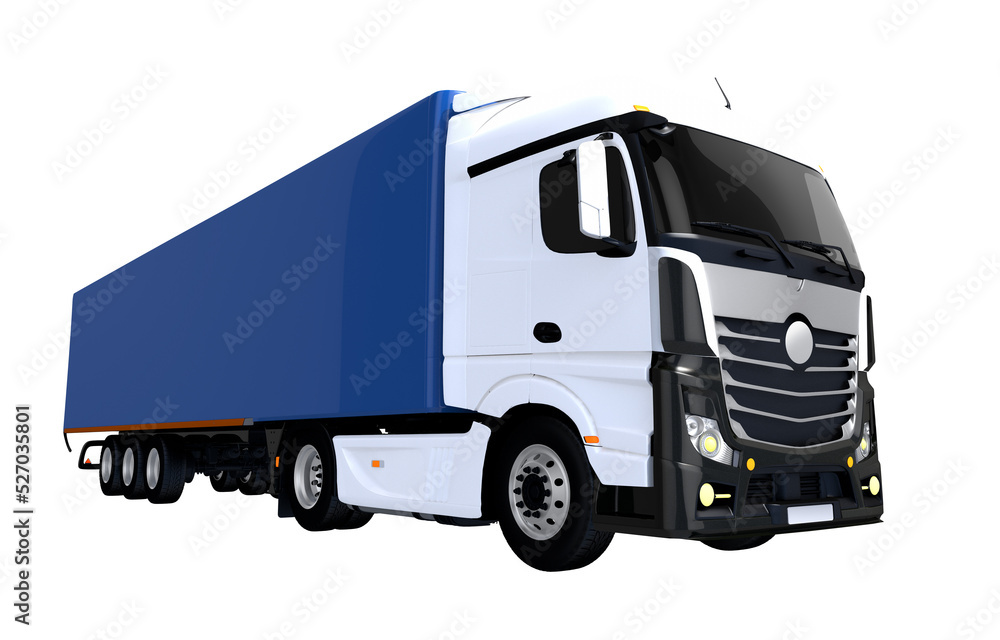 Blue Trailer Euro Semi Truck 3D Illustration Isolated on Transparent Background.