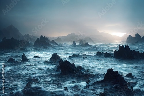 Gale force winds, turbulent ocean waves, dangerous storm surf, very jagged volcanic pumice rocks and lethal cliffs on beach shoreline - moody overcast sunset - surreal seascape digital illustration.