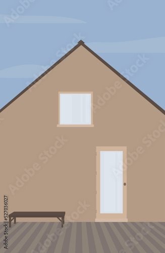 Vector flat image of a house with porches. Light house with a window and a door. Dark shop on the porch. Design for postcards, posters, backgrounds, templates, banners, textiles.