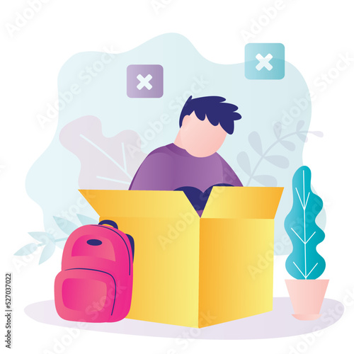 Socially inactive boy hiding in cardboard box. Anxious guy hiding from society in comfort zone