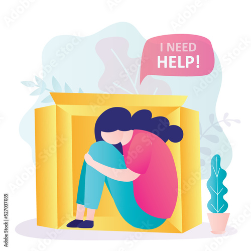 Girl with introversion asks for help. Introvert hides in own little world. Asocial teen hiding in cardboard box
