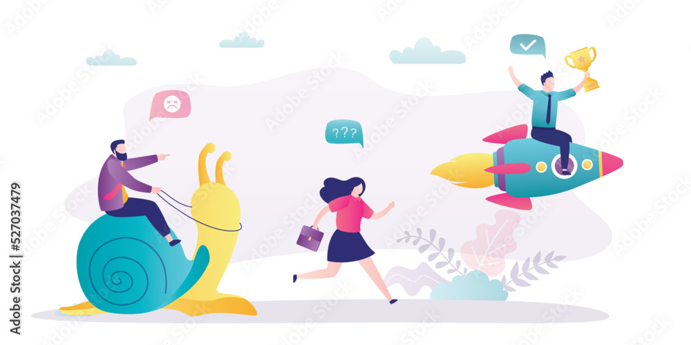 Sad man on snail trying to catch up with rivals. Entrepreneur on rocket wins business competition Sad man on snail trying to catch up with rivals. Entrepreneur on rocket wins business competition