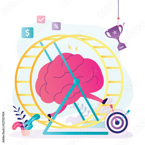 Tired character runs fast in hamster wheel. Brain motivated by trophy working hard
