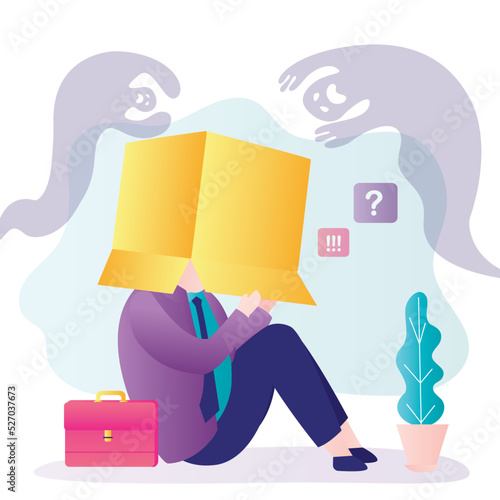 Entrepreneur hiding inside cardboard box. Businessman experiences fear regarding new project