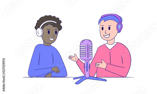 Wallpaper Mural Two men talking on live streaming. Concept of podcast in studio. People in headphones on interview, broadcast, recording audio. Black and white guys Torontodigital.ca