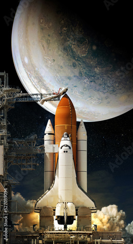 Fototapeta Naklejka Na Ścianę i Meble -  Space Shuttle takes off into space on jupiter background. Elements of this image furnished by NASA.