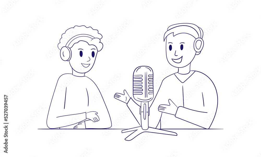 Two boys record a podcast, online radio show. People with headphones are talking into a microphone. Outline, coloring book on white Two boys record a podcast, online radio show. People with headphones are talking into a microphone. Outline, coloring book on white