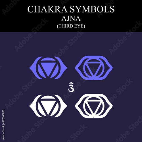Ajna chakra symbols set on dark background, different styles, modern, simple geometric icons