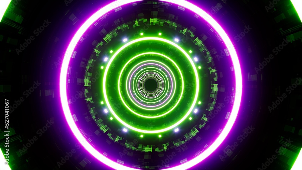 Shining Green and Purple Color Light in the Sci Fi Tunnel Shining Green and Purple Color Light in the Sci Fi Tunnel