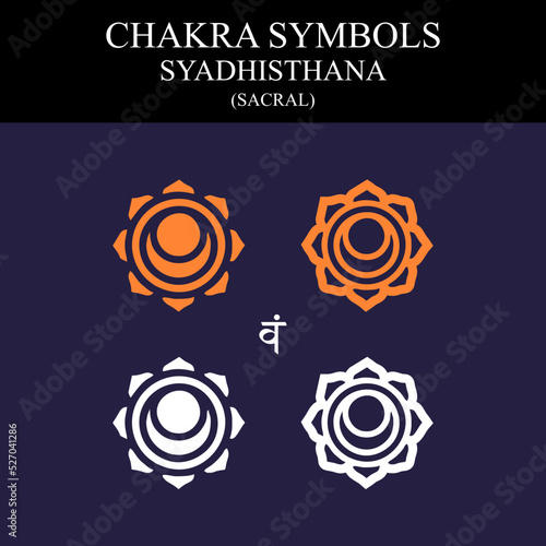 Syadhisthana chakra symbols set on dark background, different styles, modern, simple geometric icons