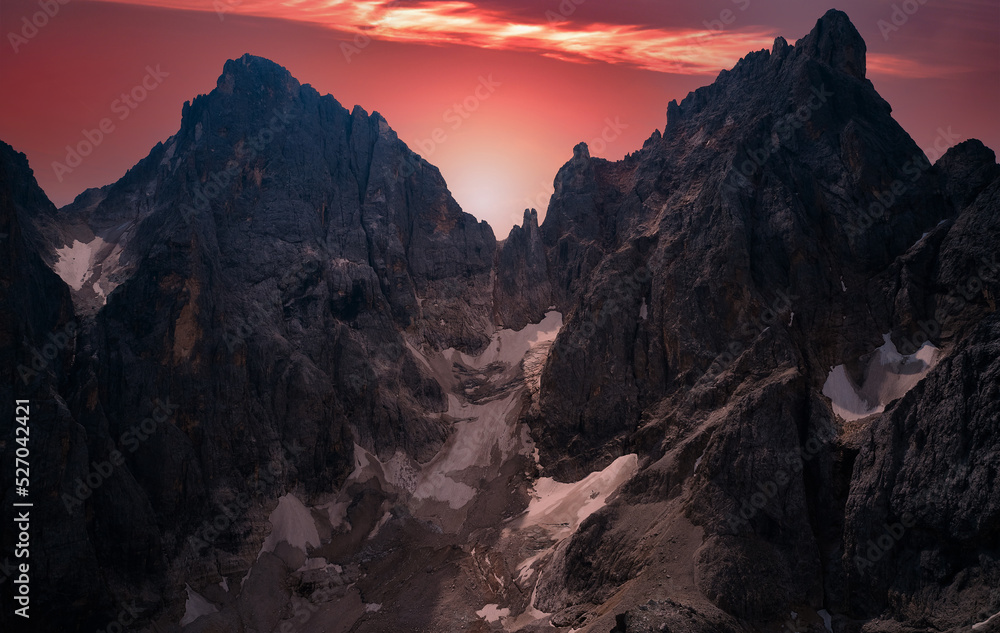aerial view at dawn of the peaks of the pale si san martino in melting glaciers in Trentino