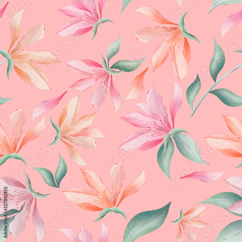 Magnolia flowers and leaves on pink background watercolor painting, seamless repeat pattern