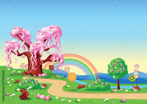 Sweet cotton candy tree in candy land. Fairy tale tree surrounded by sweets, candies and sugar fruits. Vector illustration of a fairytale landscape.