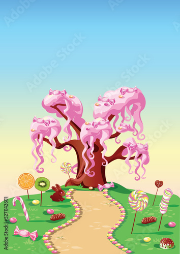 Sweet cotton candy tree in candy land. Fairy tale tree surrounded by sweets, candies and sugar fruits. Vector illustration of a fairytale landscape.