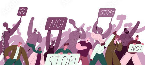 People crowd protesting at street demonstration. Group of political activists with abstract banners, placards on riot, revolution, picket. Flat graphic vector illustration isolated on white background