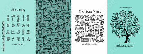 Concept Art set, tropical relax lifestyle. Frame, background, tree, icons. Set for your design project - cards, banners, poster, web, print, social media, promotional materials. Vector illustration