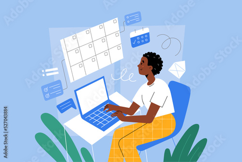 Young woman using digital planner, personal calendar, young girl sitting at table, using laptop, taking notes, creating lists, check-lists, managing her project, vector characters illustration