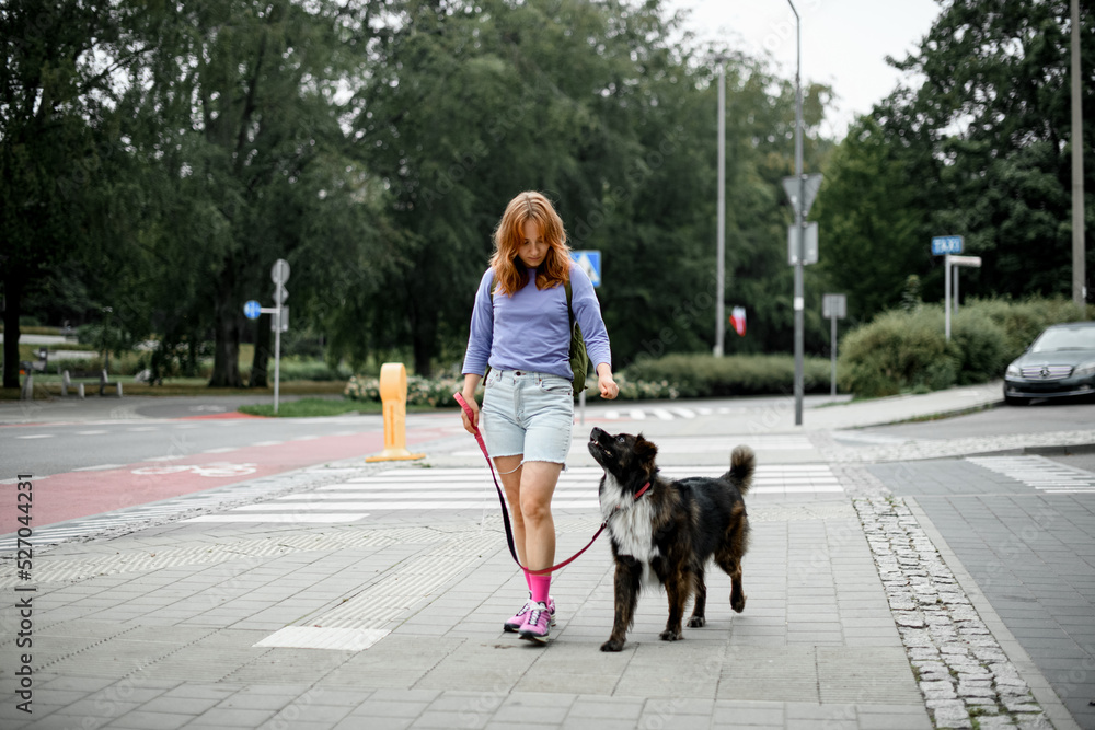 young woman with dog walking together at street