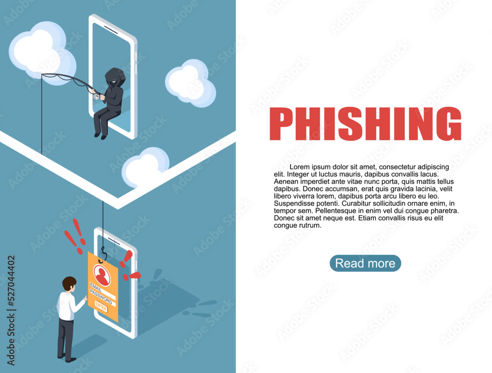 Phishing by email. hacker attacks a smartphone by message. fraud scam and steal private data on devices. vector illustration isometric flat design for the template. cyber security awareness concept. Phishing by email. hacker attacks a smartphone by message. fraud scam and steal private data on devices. vector illustration isometric flat design for the template. cyber security awareness concept.