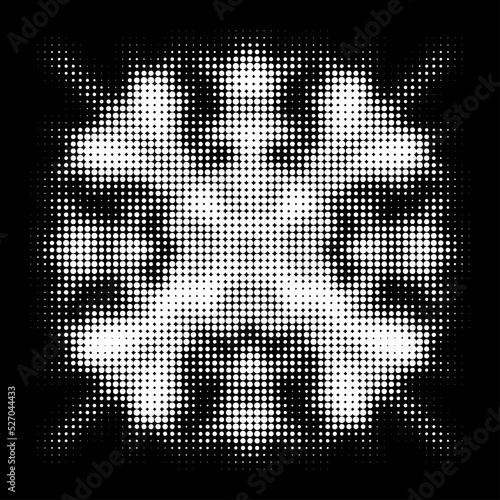 Dotted background from a transparent polka dot halftone mandala. A gauzy vector stencil contour of dots, strokes, spots. Perforated outline.
