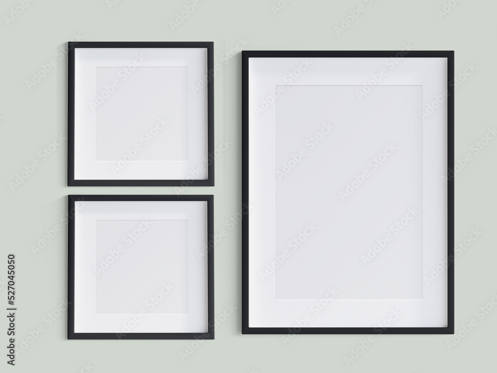 3 black Frames on the Wall for Mockup, 3d Illustration, 3d Rendering 3 black Frames on the Wall for Mockup, 3d Illustration, 3d Rendering