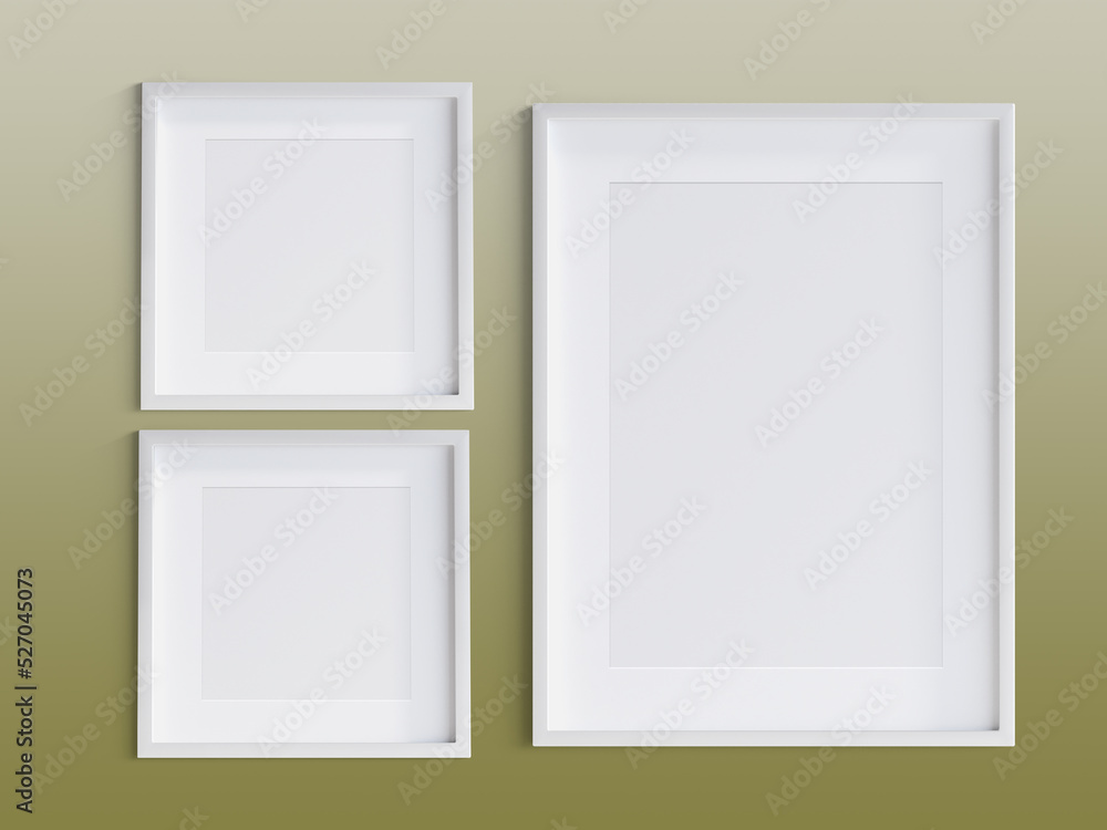 3 white Frames on the Wall for Mockup, 3d Illustration, 3d Rendering 3 white Frames on the Wall for Mockup, 3d Illustration, 3d Rendering
