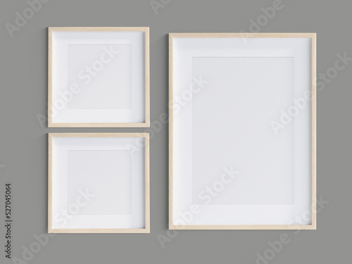 3 wooden Frames on the Wall for Mockup, 3d Illustration, 3d Rendering
