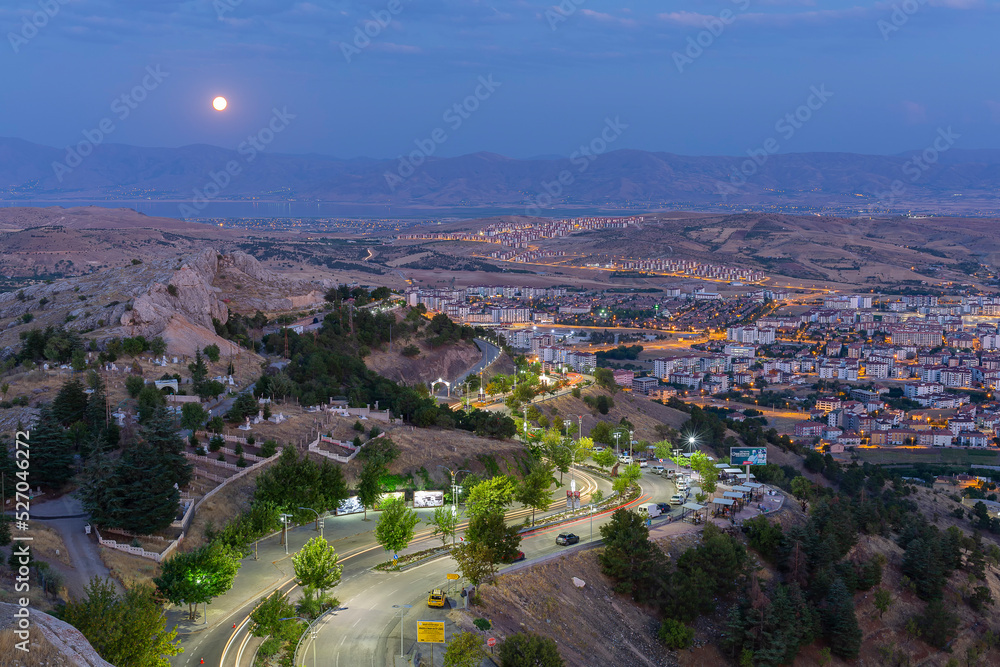elazig-turkey.august2022. Elazig city and full moon seen from high in the evening