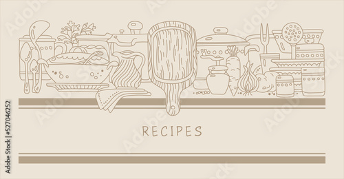 Food design template for cookbook, restaurant menu or recipes banner. Soups bowls and kitchenware in hand drawn vintage style.