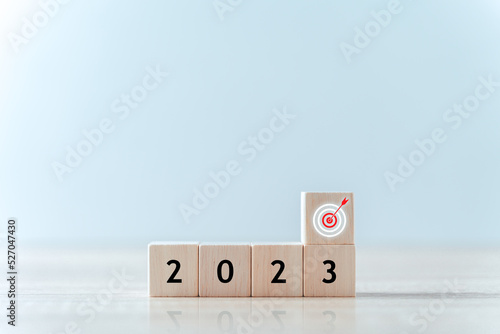 Business planning in 2023 concept. Wooden cubes with the letters 2023 and goal icon for business strategy