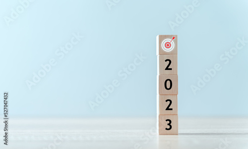 Business planning in 2023 concept. Wooden cubes with the letters 2023 and goal icon for business strategy photo